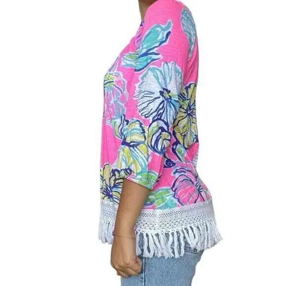Lilly Pulitzer Multicolored Floral Fringe Blouse Top Size Small Hibiscus Print - Picture 3 of 6